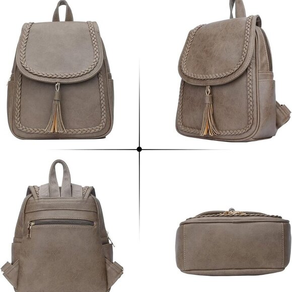 Small Synthetic Leather Backpack Purse for Women with Tassel Casual Khaki - Picture 2 of 5